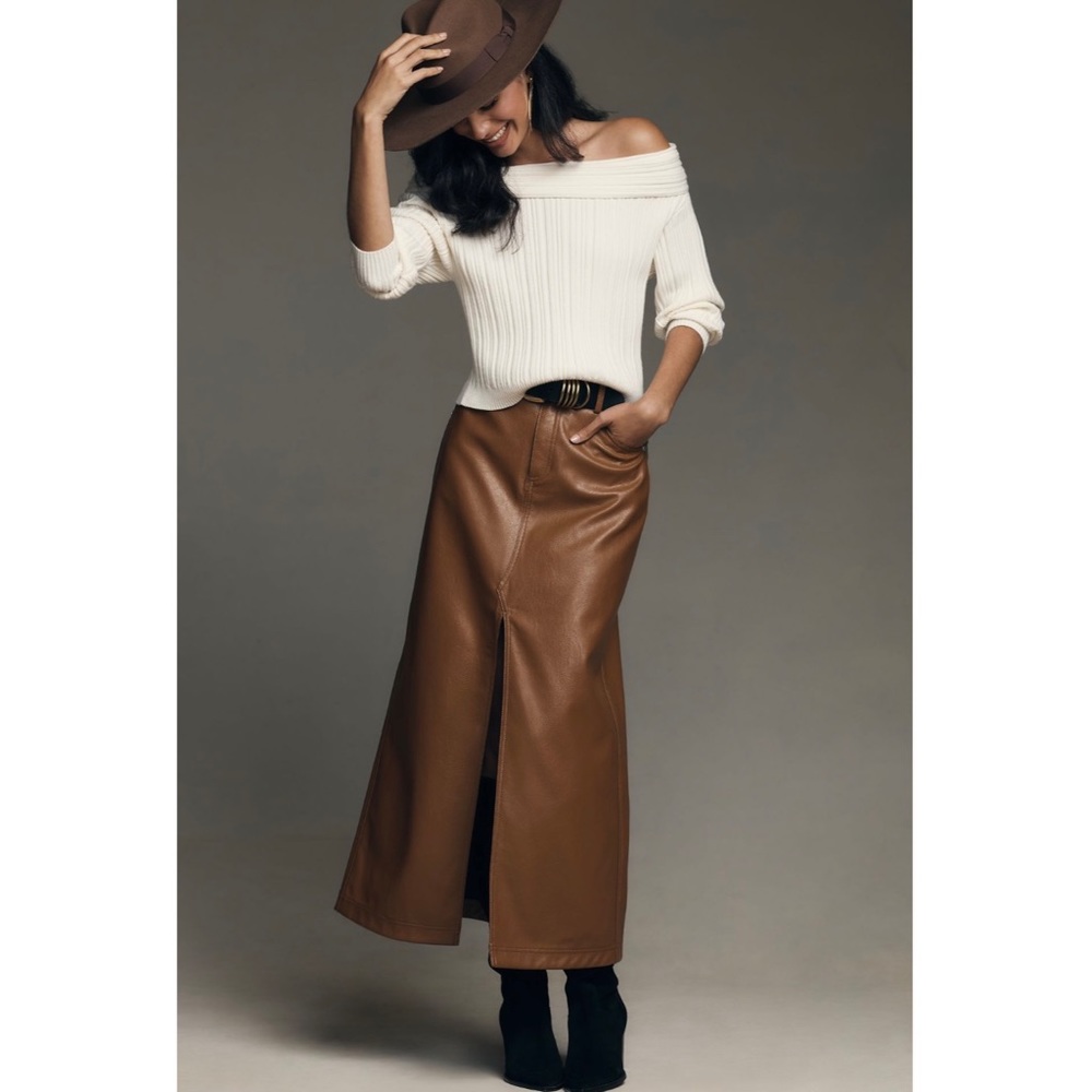 ANTHROPOLOGIE Faux Leather Front Slit Denim Skirt